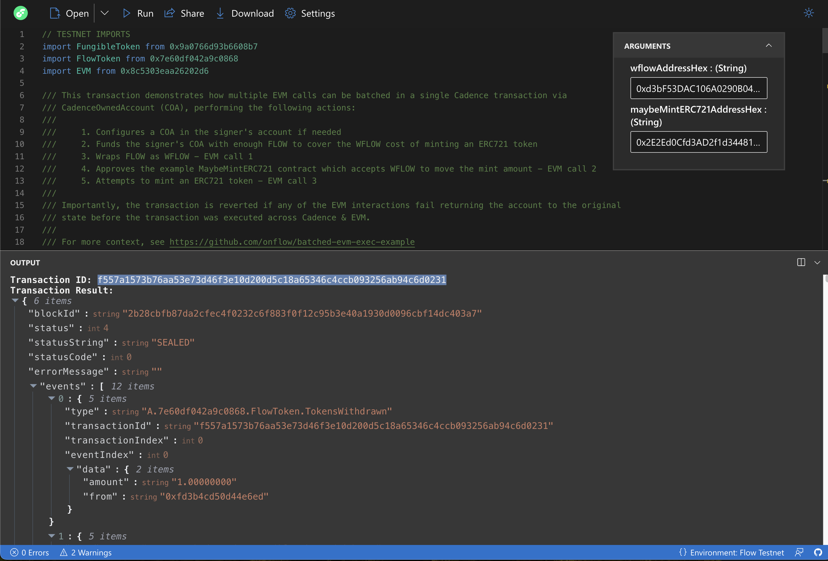 Flow Runner output on successful transaction execution